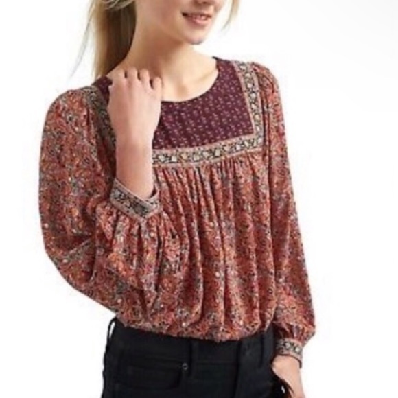 Gap Boho Burgundy paisley top long sleeve crew neck Relaxed Fit blouse - Picture 1 of 16
